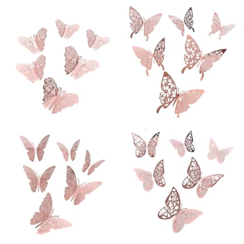 3d Papillon Stickers Lot de 48 autocollants muraux papillons 3D, décoration d'intérieur, ballons fête, gâteaux, artisanaux(Pink)