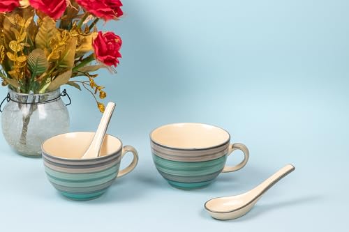 Image of HS Hindustani SAUDAGR Aqua Drift Seagreen Ceramic Bowl Set of 2(300ml Each) Soup Bowl with Handle & Spoon Microwave Safe Bowls katori Ideal for Snacks Rice dal Desserts and Gifting.