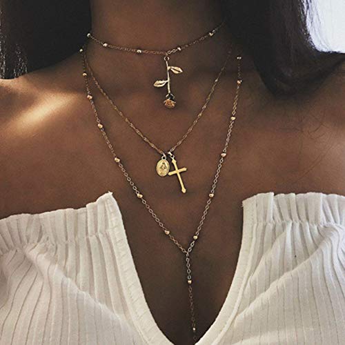 Fxmimior 3 Tier Bohemia Flower Y Long Layered Necklace Bar Coin Charm Pendant Neckalce Delicate Station Chain Multilayer Dics Bar Choker Necklaces For Women #TOP1