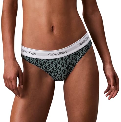 Calvin Klein Women’s Bikini Briefs with Logo Waistband, Green (Bijou Modern Emblem Outline+Stratif), S