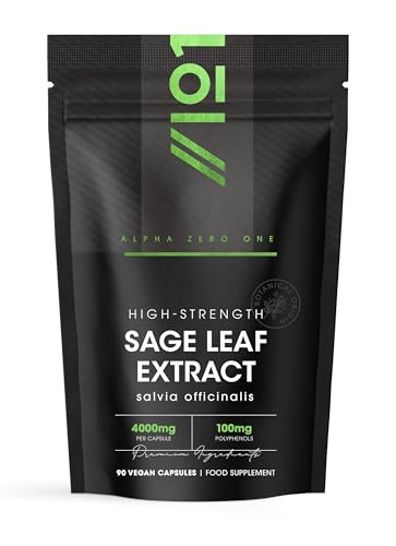 Sage Tablets for Menopause 4000mg Standardised 20% Polyphenols (100mg) 90 Vegan Capsules (3 Months Supply) Resealable and Recyclable Pouch by Alpha01