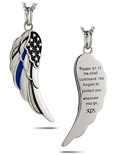 Shields of Strength Stainless Steel Thin Blue Line Angel Wing Necklace - Ps 91:11 (18)