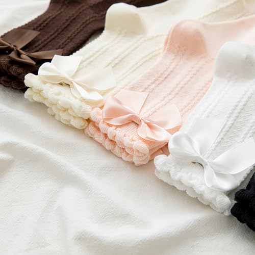Starella 5 Pairs Women's Ruffle Frilly Socks Coquette Bow Lolita Preppy Crew Dress Sock for Girls4