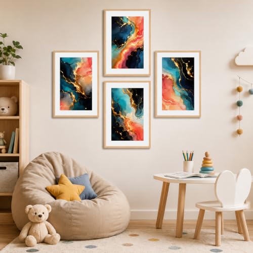Image of Livin'luxe Set of 4 Abstract Marble Ink Wall Paintings with Sparkle Laminate and Premium Wooden Synthetic Frame for Living Room Bedroom Office Decor (13.5 x 19.5 Inch)