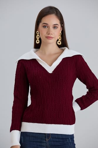 Image of Sweaters for Women Fashion Long Sleeve Lapel Collar V Neck Casual Knit Color Block Pullover Sweater