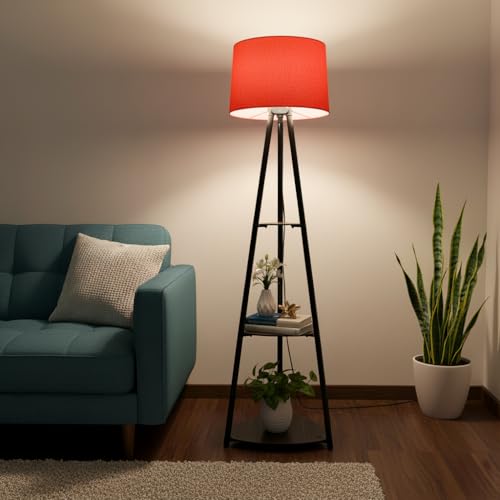 Image of Tripod Metal Floor Lamp with Shelves Stylish Standing Lamp for Living Room Decoration Bedroom Corner Stand Aesthetic Home Decor (Vivid Red) LED Bulb Included