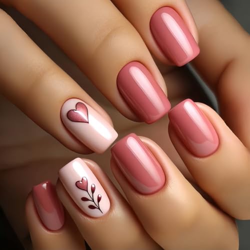 Valentines Day Press on Nails Short WLGDLH Pink Fake Nails with H...