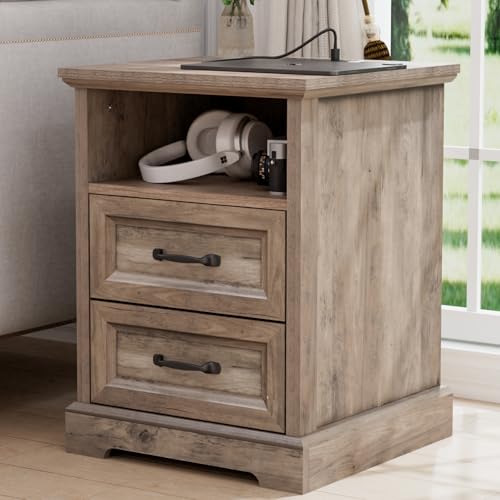 HOMMPA Farmhouse Nightstand w/Charging Station, Open Shelf 23.6''H Greige - image 8