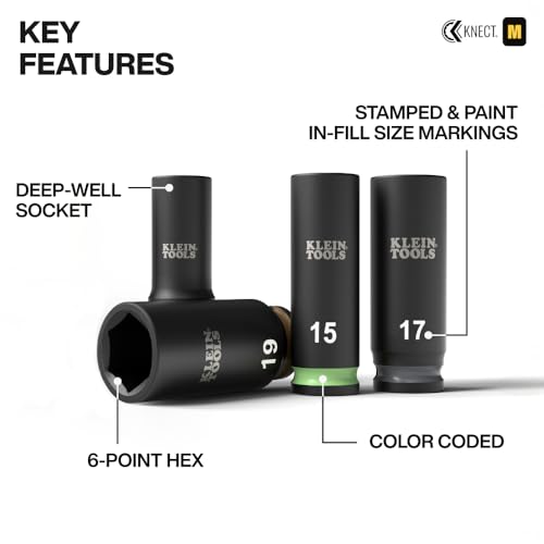 Image of Klein Tools 65109IMPCTM KNECT Deep-Well 3 /8-Inch Drive Impact Socket Set, Metric, 9-Piece Tool Set with Impact Driver Adapter, Multi-Purpose Wrench Adapter, Color-Coded, MODbox Socket Organizer