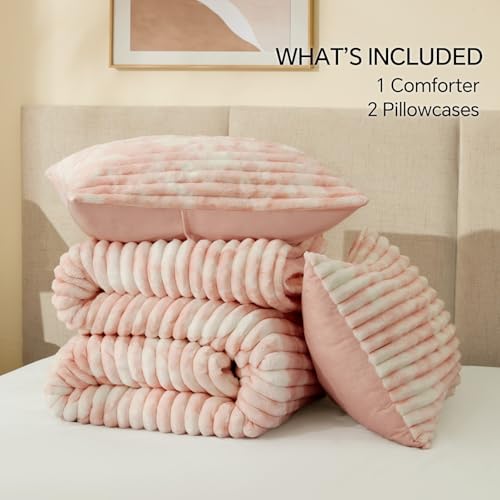 Image of BEDELITE Fleece King Comforter Set -Super Soft & Warm Fluffy Pink&White Bedding, Luxury Fuzzy Heavy Bed Set for All Season with 2 Pillow Cases