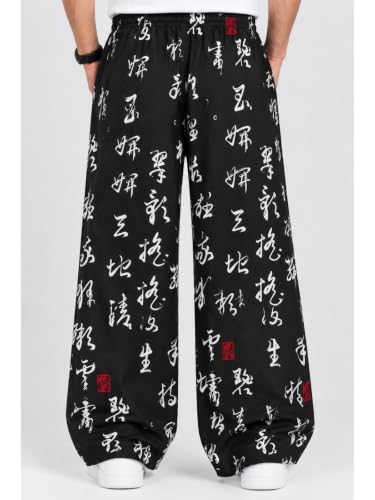 Image of Mens Boho Hippie Harem Pants | Black Printed Wide-Leg Trousers | Koren Streetwear Loose Baggy Fit Summer Lounge Yoga Lowers |Trouser Relaxed Fit for Men | Men Drawstring Pants