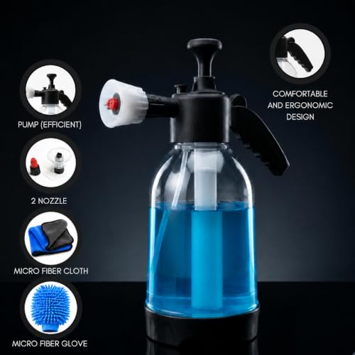 Image of 2 Litre Premium Foam Sprayer, Glove & Microfiber Cloth Durable Pump for Car Wash, Cleaning, Garden, DIY, Portable Foam Bottle