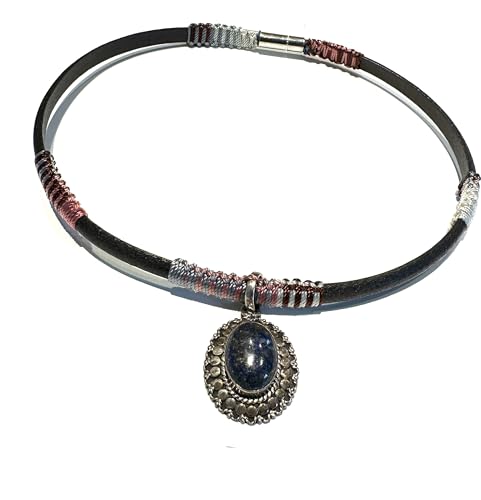 Collier ras-de-cou cuir et pendentif lapis-lazuli bleu pour un look bohème chic