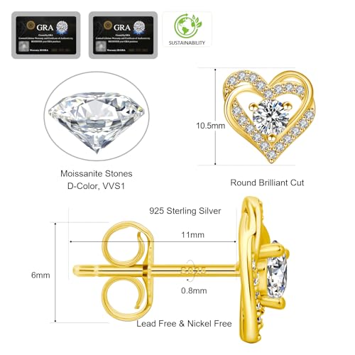 Moissanite Stud Earrings, 0.6ct-2ct Brilliant Heart Shape Lab Created Diamond Earrings, D Color VVS1 Clarity, White Gold Plated Silver Friction Back for Women2