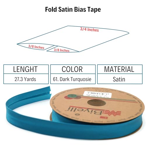 Image of Fold Satin Bias Tape - 99+ Colors - 3 /4 Inches Wide - 27 Yards - Fold Satin Binding Bias Ribbon Fabric Piping Bias Binding Tape for Sewing Clothing DIY Dark Turquoise BYS61