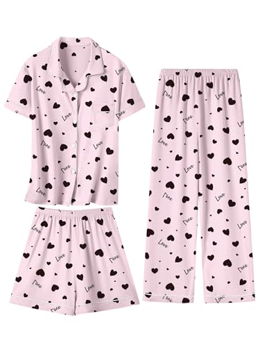 Girls Pajamas Set 3pcs Soft Button-Down Short Sleeve Kids Pjs Loungewear Sleepwear, 5-14 Years