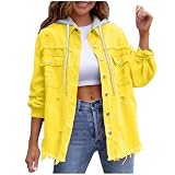 Generisch Jeansjacke Damen Denim Jacke Fashion Übergangsjacke Casual Jeansjacken Herbstjacke Bequeme Damen-Jacken Button Down Damenjacke Streetwear Frauen Freizeitjacke Kapuzenjacke Gelb XXL