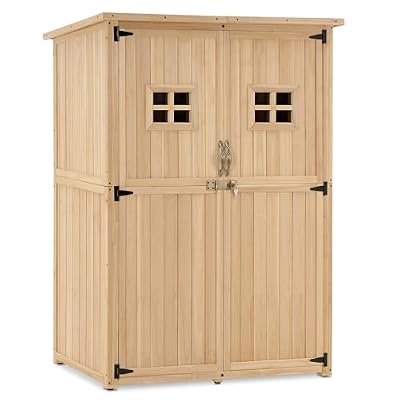 MCombo Large Wooden Outdoor Storage Shed with 2 Shelves, Oversize Garden Tool Shed with Lock, Outdoor Storage Cabinet with Floor for Patio and Yard (46.9" x 22.4" x 66") 1911 (Beige)