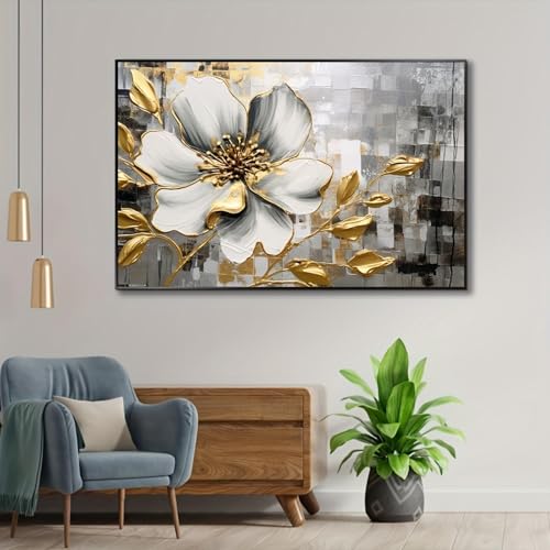 Décoration murale salon fleur d'or 60x110cm avec châssis - 3