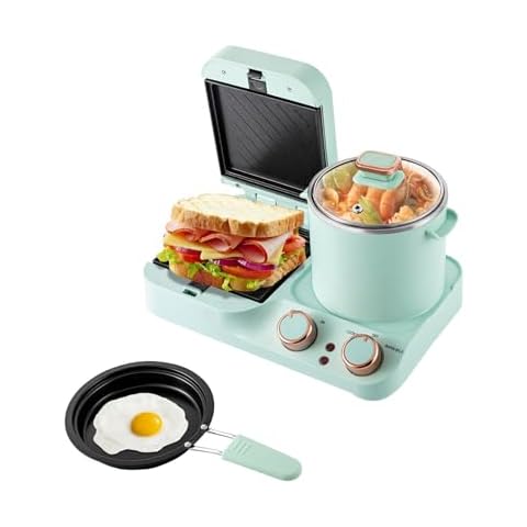 3 in1 Breakfast Station, Electric Mini Toaster Bread Breakfast Machine Sandwich Maker with Frying Pan, Boiling Pot, Food Steamer, Frying Pan Non-stick, Retro Household Breakfast Maker Cover