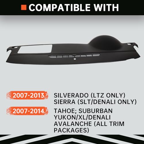 Kojem Dash Board Cover Cap Compatible with 2007-2014 Chevy Tahoe Suburban Silverado Avalanche GMC Yukon Sierra 1500 2500 HD 3500 HD Molded Dash Panel Overlay Without Dash Speaker Black Plastic