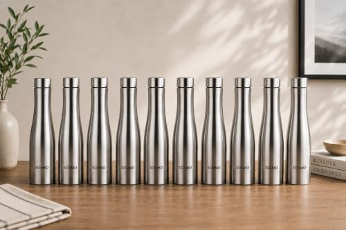 Image of Solimo Water Bottle Quality Hi-Rise Stainless Steel Single Wall 1000ML, Fridge Water Bottle |BPA Free | single wall Leak-Proof, Best for School /Office /Home /College /running (Pack 10)