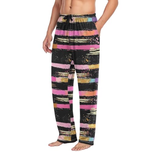 Vdsrup Men's Pajama Pants Striped Black Pajama Pants for Men PJs Bottoms Drawstring Pockets Pink Sleep Lounge Pants S4
