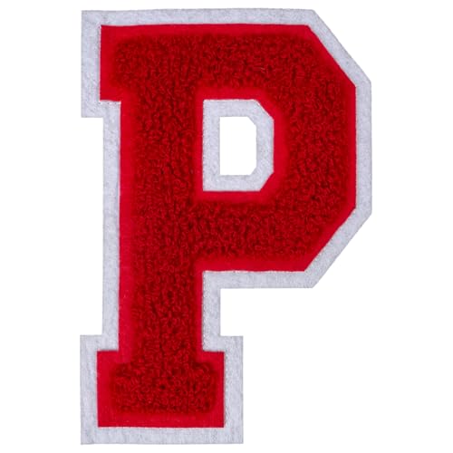 1 PCS 6 Inch Red Chenille Letters Patches - Iron On Varsity Alphabet, Large Letters for Clothing, Backpacks, Hats, Jeans with White Border (P)
