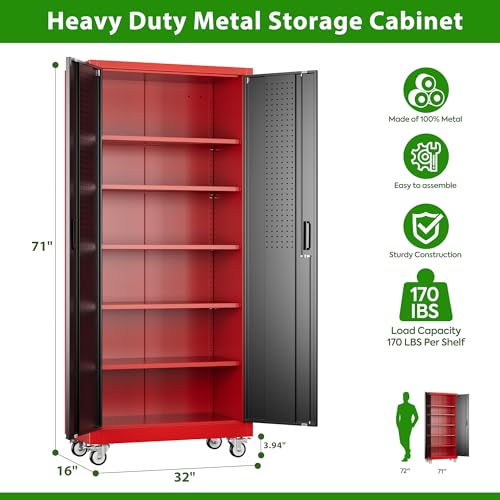 Image of Aobabo Metal Garage Storage Cabinets with Wheels,Steel Cabinets with 5 Adjustable Shelves for Garage Home Office Storage, Red-Black,Assembly Required