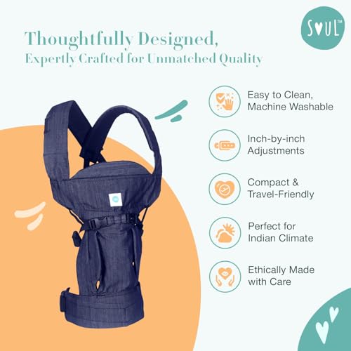 Soulslings 4-in-1 Lali Baby Carrier Bag, 100% Cotton - Dark Blue | Compact & Lightweight (400g) | Adjustable for 0-24 Months (4-15kg) | Machine Washable & Handwashable | Breastfeeding Friendly