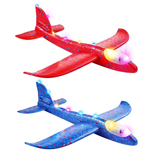TOYANDONA 2 Pack Foam Airplane Toys, Large Throwing Foam Plane, LED Light Flight Mode Glider Plane, Flashing Glider Plane, Flying Toys for Kids, Outdoor Toy Birthday Party Favors
