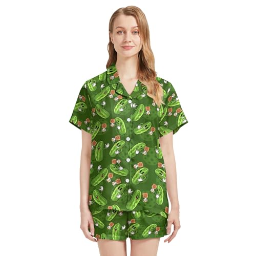 DOPINDU Funny Pickle Pajamas for Women Set Satin Short Sleeve Button Down Pjs 2 Piece Loungewear Pajama Sets L — view 2