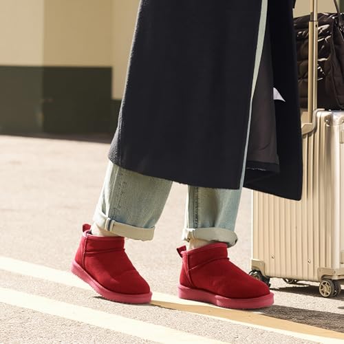 DREAM PAIRS Ankle Winter Mini Boots for Women Genuine Suede Faux Fur Lining Water Resistant Warm Snow Boots Slip On Memory Foam Comfort Booties FuzzyClassic,Size 7,Red,SDSB2405W
