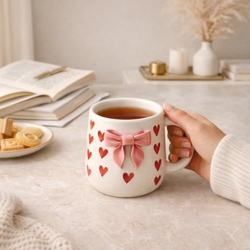 Image of The Deluxe Creations Ceramic Coffee Mug Set of 2 | Handcrafted Bow & Heart Design | Elegant Gift-Style Tea & Coffee Cups | Ideal for Gifting, Couples & Home Decor (Pink Bow Design)