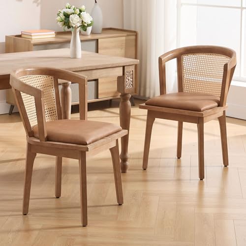 Image of BESTANO Rattan Dining Chairs Set of 2, Mid Century Modern Farmhouse Wood Dining Room Chairs, Leather Upholstered Comfortable Kitchen Dining Side Chair with Cane Woven Back, Brown