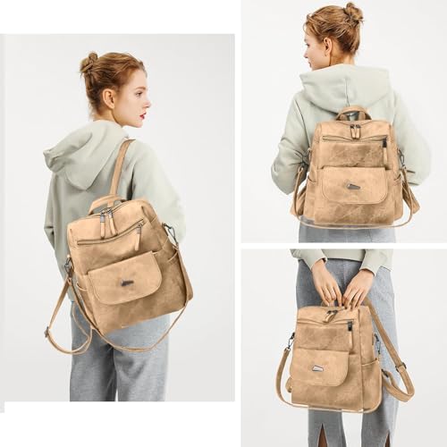 Image of Backpack Purse for Women, PU Leather Backpack Purse, Fashion Travel Anti Theft Backpack, Multipurpose Lightweight Waterproof Convertible Purse Shoulder Bag Handbag, Kakhi