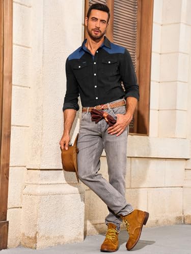 Image of Yousify Mens Western Cowboy Shirt Retro Corduroy Shirts with Pockets | Long Sleeve, Button Down, Vintage Snap Shirt, Country Shacket Jackets