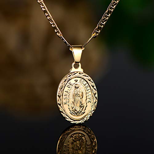 Barzel 18K Gold Plated Flat Mariner/Marina 060 3MM Chain Necklace With Virgin Mary Guadalupe Charm Pendant4