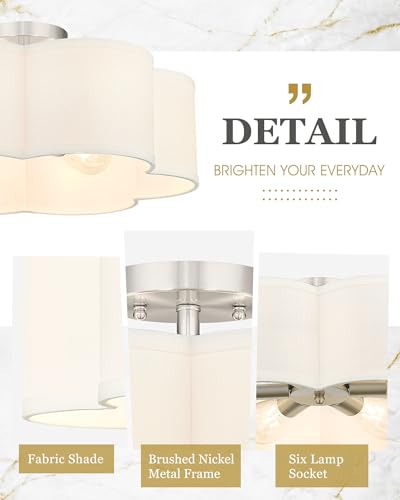 Image of Semi Flush Mount Ceiling Lights, 6-Light 18 inch Ceiling Light Fixtures with Fabric Shade in Flower Shape, Brushed Nickel Farmhouse Drum Lighting for Nursery Bedroom Kitchen, AD-22007-6SF-SN