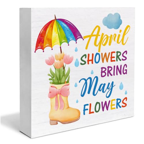 Spring Decor Rustic April Showers Bring May Flowers Wood Block Sign Farmhouse Spring Sign Decorations Home Living Room Shelf Decor 5 x 5 Inches
