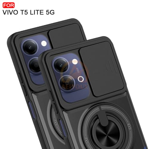 Image of Vivo T5 Lite 44W 5G Back Cover | Armor Camera Slider 360 Degree Rotating Finger Ring Holder Case with Bracket Stand Back Case Cover (Compatible with MagSafe Accessories) (Black)