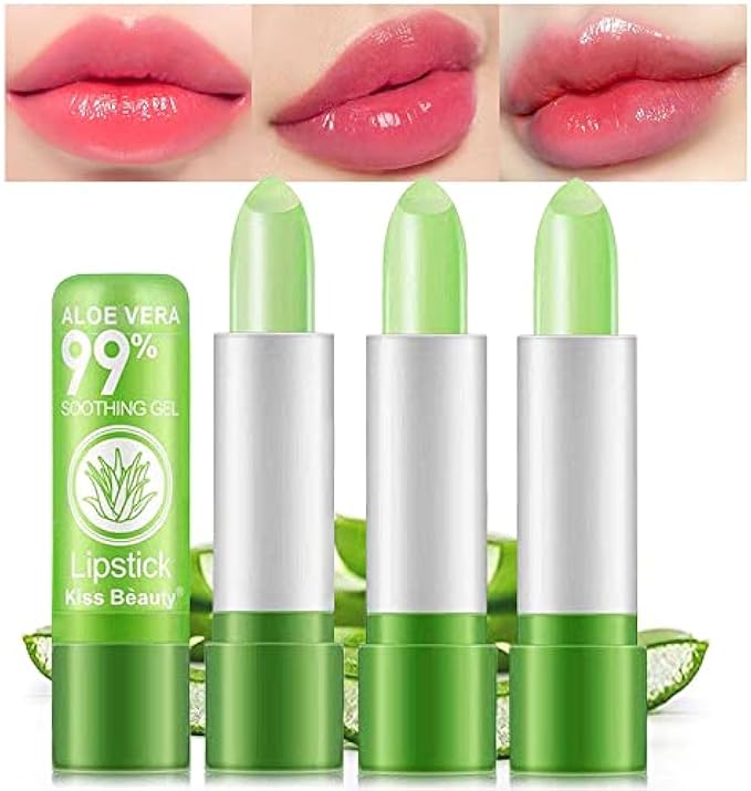 BINGBRUSH 3 Pcs Aloe Vera Color Changing Lipstick,Long Lasting Lip Care Nutritious Plumper Lip Balm Moisturizer Magic Temperature Color Change Lip Gloss Glossly Makeup