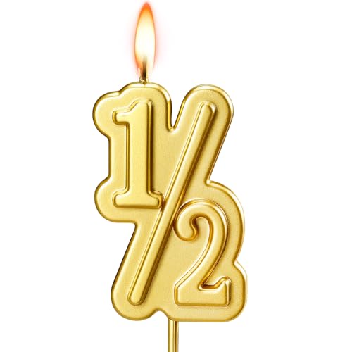 Half Year Birthday Candle 1/2 Gold Number Birthday Candles Cake Topper for Babys Sixth Month Birthday Anniversary Celebration Party Supplies