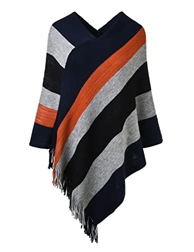 Ferand   Pullover Poncho de Punto para Mujer   Estola, Chal Elegante, Diseño de Rayas Grandes y Flecos, Cálido   talla única   Azul marino y negro