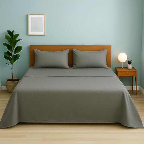 Image of Cotton Double Bedsheet with 2 Pillow Covers | 100% Pure Cotton | Soft & Breathable | 90x100 inch - Dark Grey