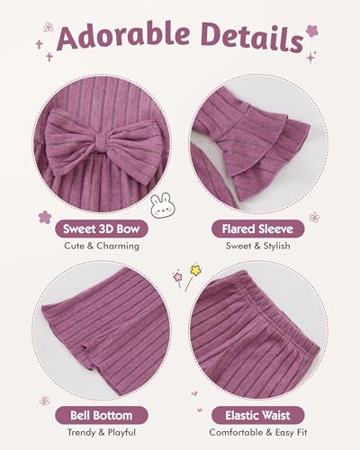 Image of SODLON Baby Girl Clothes Toddler Fall Winter Outfits Ruffle Long Sleeve Bow Top Flared Pants Set Bell Bottom Clothing 18M-5T