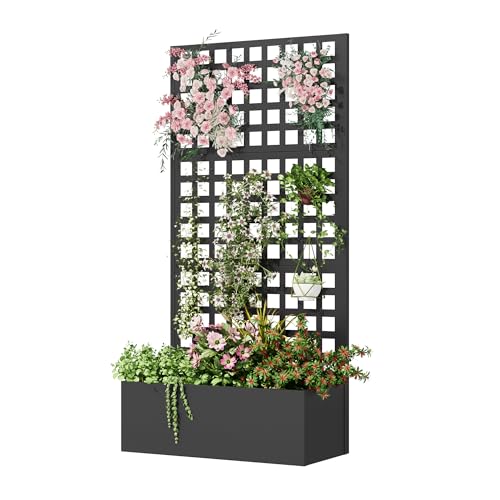UPHYB Metal Planter Box with Trellis, 71'x 35'x 16' Raised Garden Bed with Trellis, Planter Box Trellis with Privacy Screen and Drainage Holes, Black