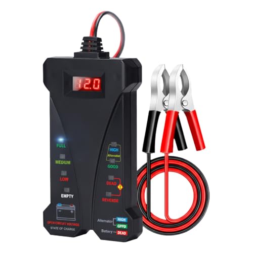 Image of STHIRA 12V Digital Car Alternator Battery Tester LED Display Status Indicators Alligator Clips Reverse Polarity Protection Quick Diagnostics for Cars Motorcycles Boats Battery Voltage Meter