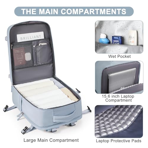Image of Large Travel Backpack Carry on Flight Approved Mochila De Viaje Carry on Backpack for Airplanes Spirit Airlines Personal Item Bag 18x14x8 Inches Travel Bag Traveling Backpack for Women Men Grey Blue