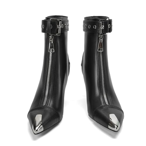 Women's Fashion Metal Pointed Toe Heel Boots Sexy Zip Ankle Stilettos Booties with Strap Buckle Party Dress High Heels for Women4